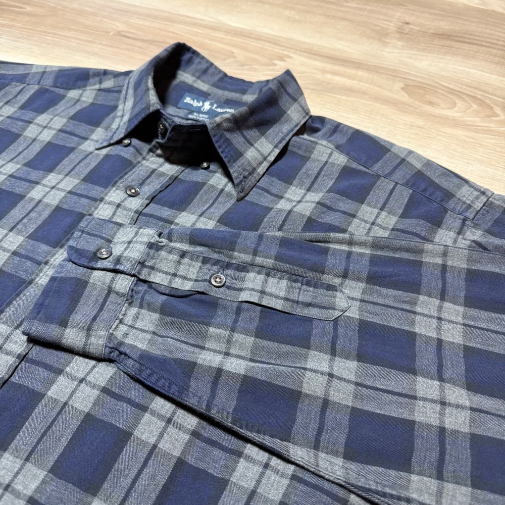 Ralph Lauren Blaire Button Up Men Large Blue Grey Plaid Cotton Long Sleeve Shirt